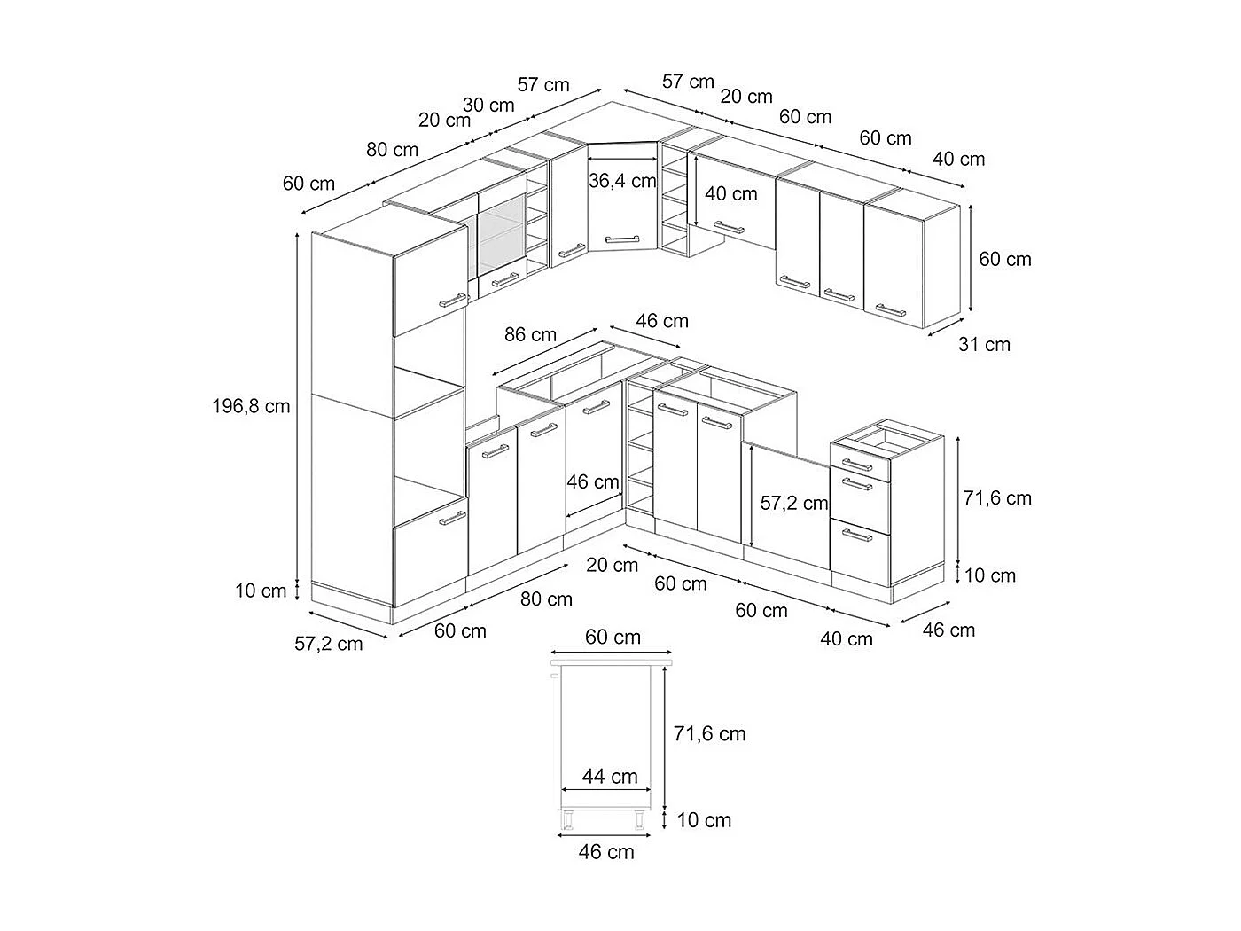 Cocina esquinera oro potencia roble/blanco 247x60x81.6 r-line