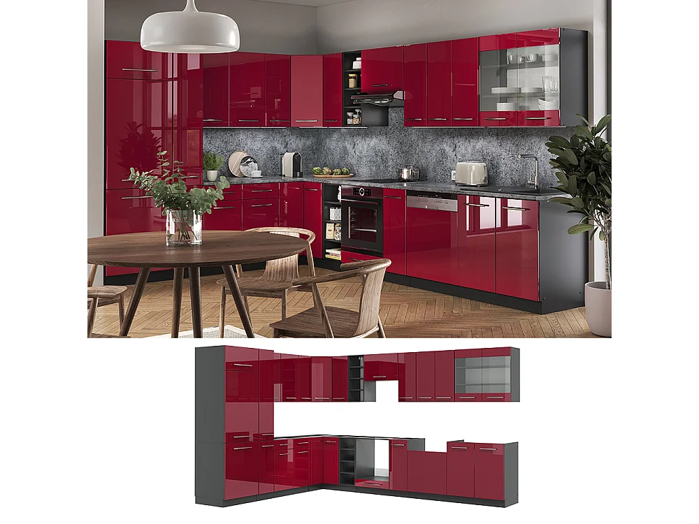 Cucina angolare completa bordeaux lucido/antracite 347x60x81.6 fame-line