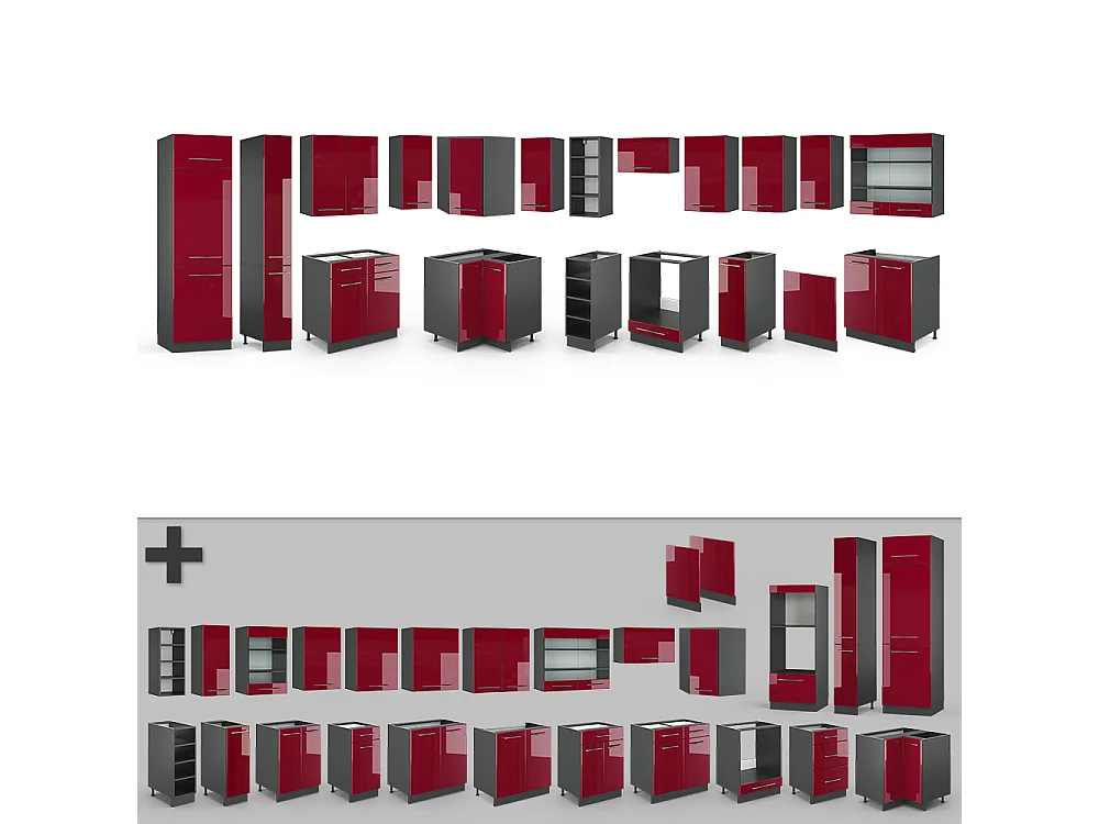 Cucina angolare completa bordeaux lucido/antracite 347x60x81.6 fame-line