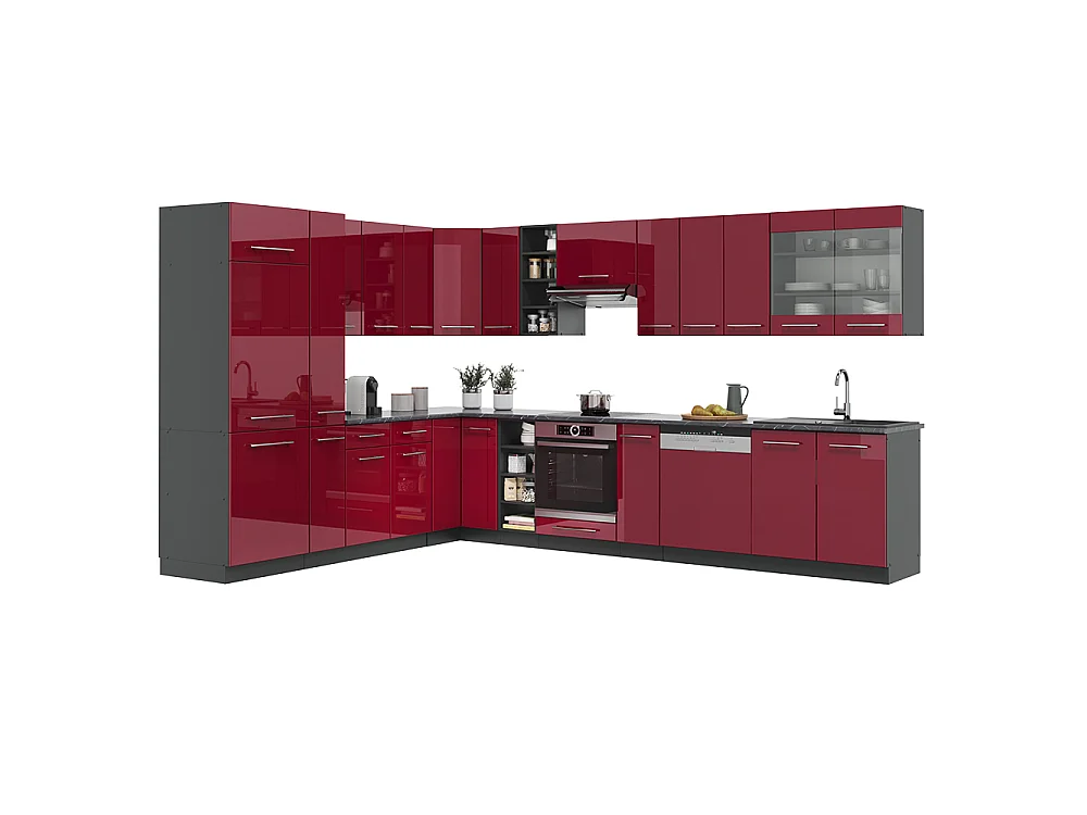 Cucina angolare completa bordeaux lucido/antracite 347x60x81.6 fame-line