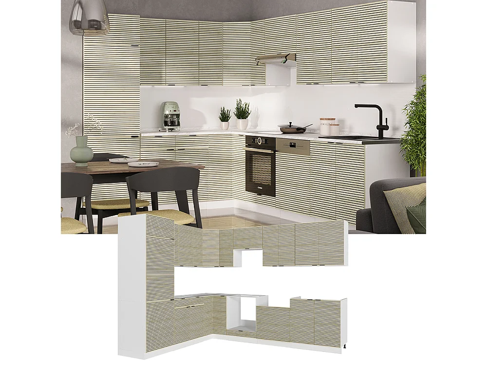 Cuisine en angle chêne lambris/blanc 287x60x81.6 fame-line