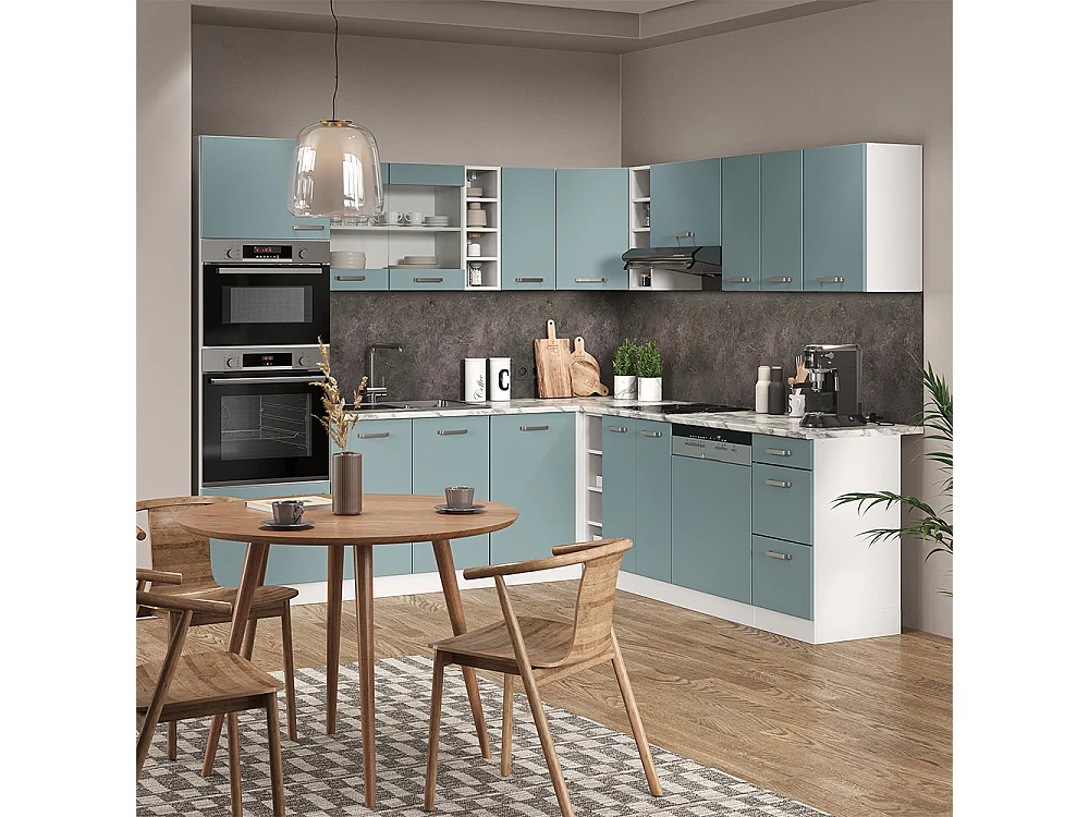 Cocina esquinera azul-gris-blanco 247x46x81.6 r-line