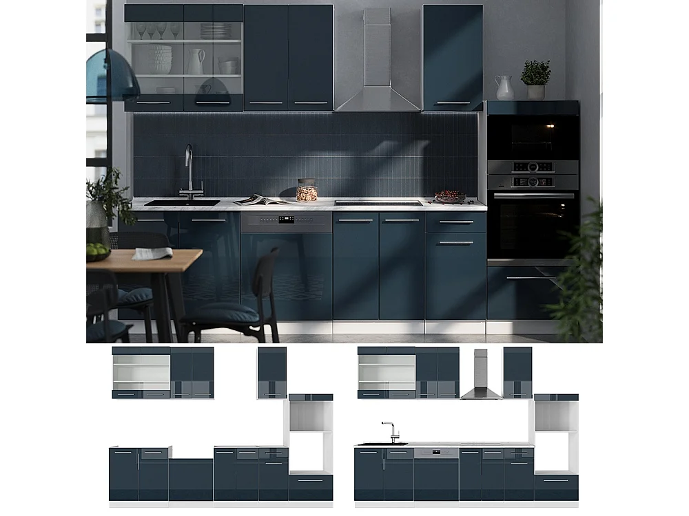 Mueble de cocina azul oscuro alto brillo/blanco 300x46x81.6 fame-line