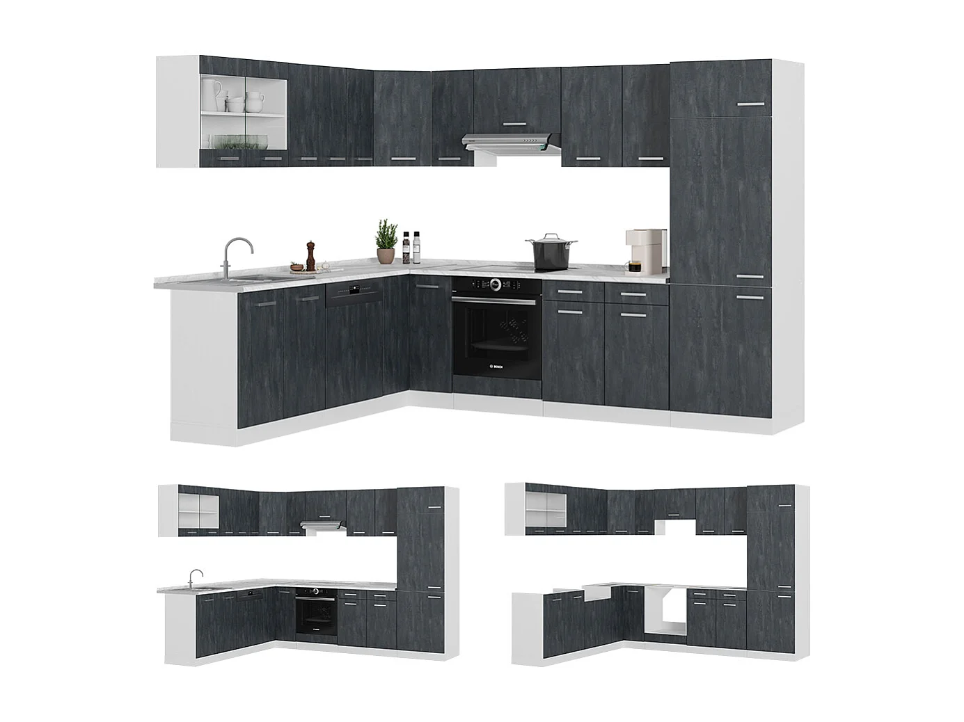 Cuisine en angle noir béton/blanc 287x60x81.6 r-line