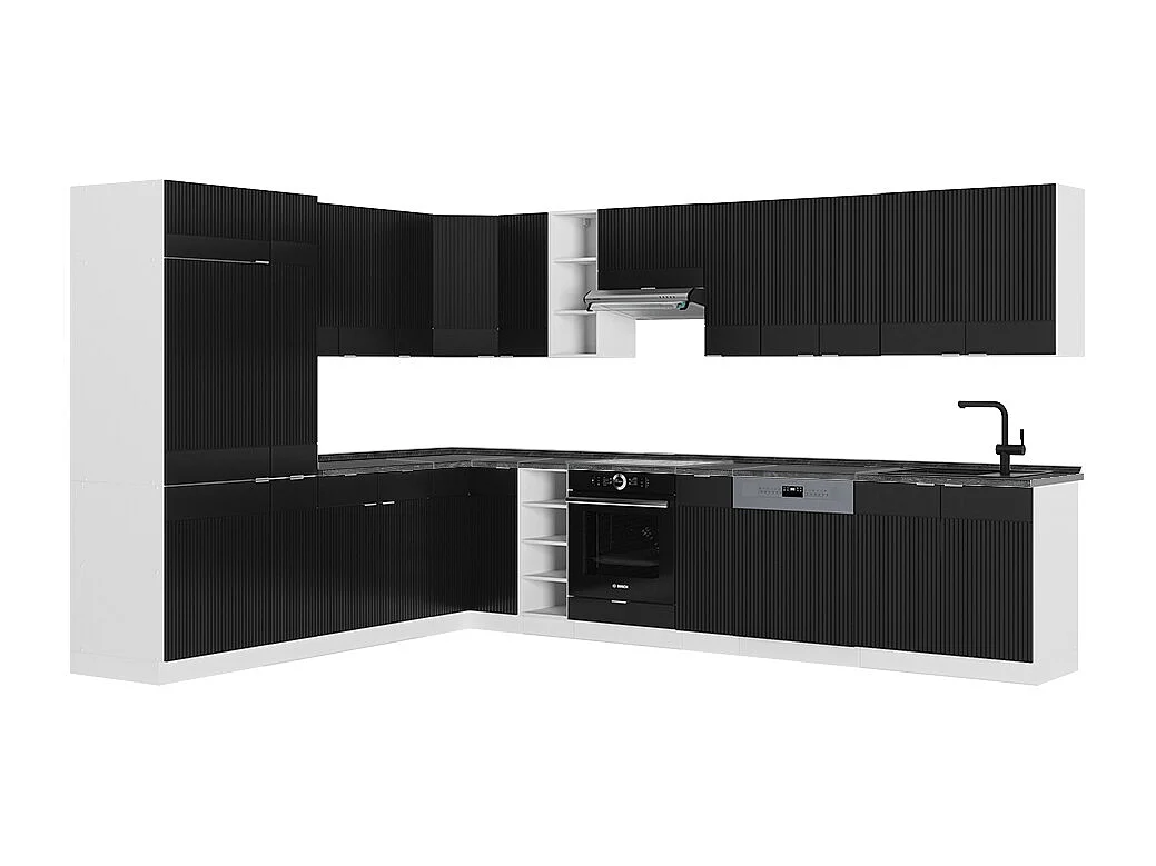 Cuisine en angle noir rayé/blanc 347x60x81.6 fame-line