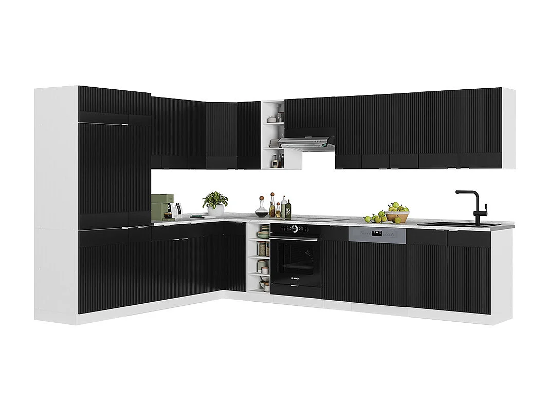Cuisine en angle noir rayé/blanc 347x60x81.6 fame-line