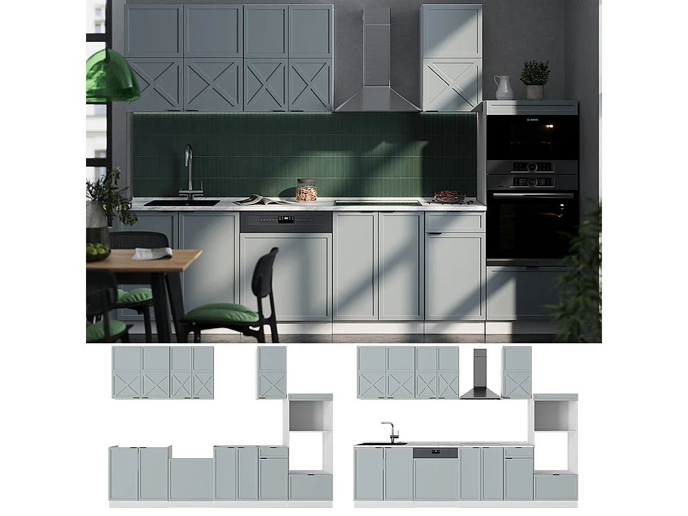 Køkkenrække lyseblå-grå/hvid 300x60x81.6 fame-line