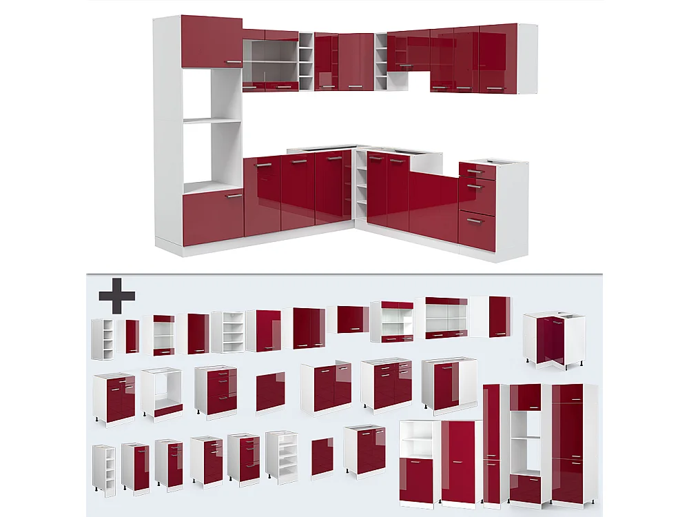 Cocina esquinera rojo brillo intenso/blanco 247x46x81.6 r-line