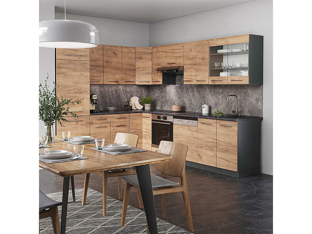 Cocina esquinera oro power roble/antracita 287x46x81.6 fame-line