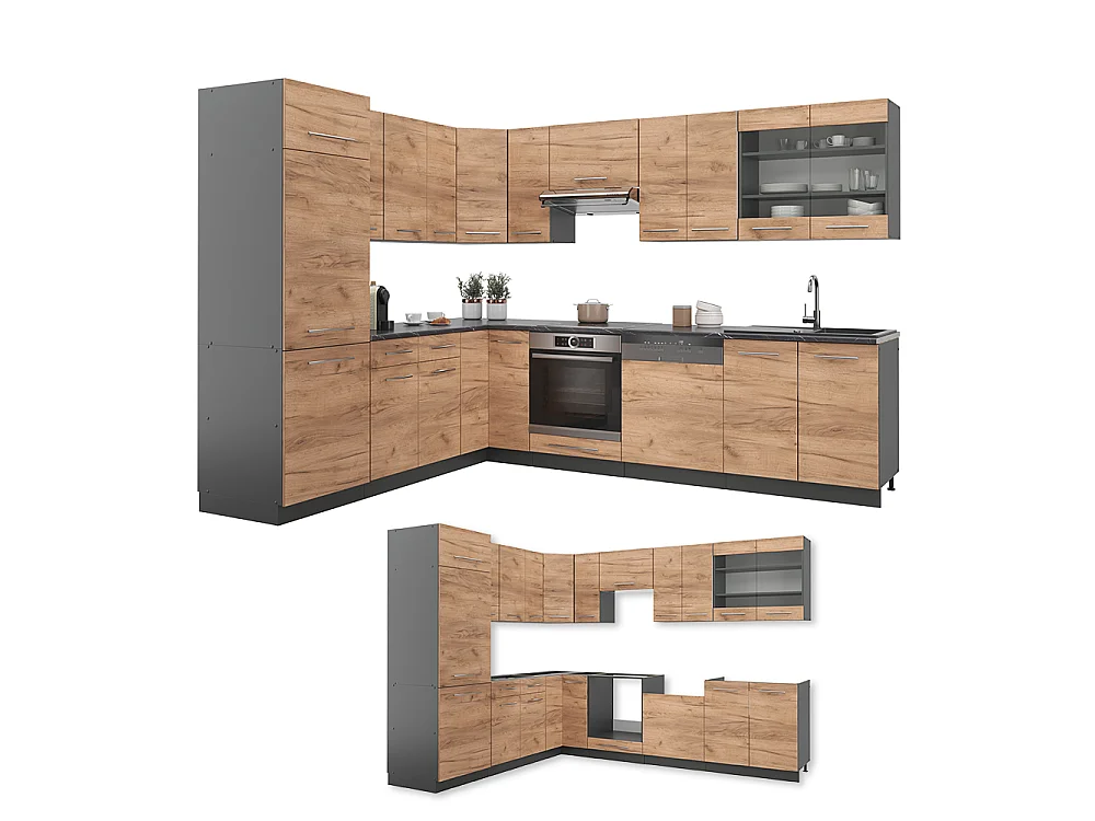 Cuisine en angle chêne doré/anthracite 287x46x81.6 fame-line