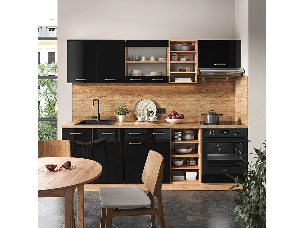 Cuisine noir brillant/chêne doré 240x60x81.6 r-line