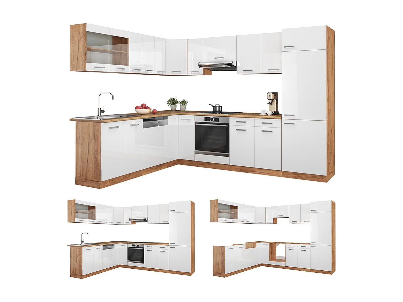 Cuisine en angle blanc brillant/chêne doré 287x60x81.6 r-line