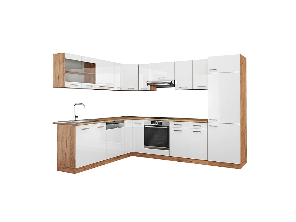 Cuisine en angle blanc brillant/chêne doré 287x60x81.6 r-line