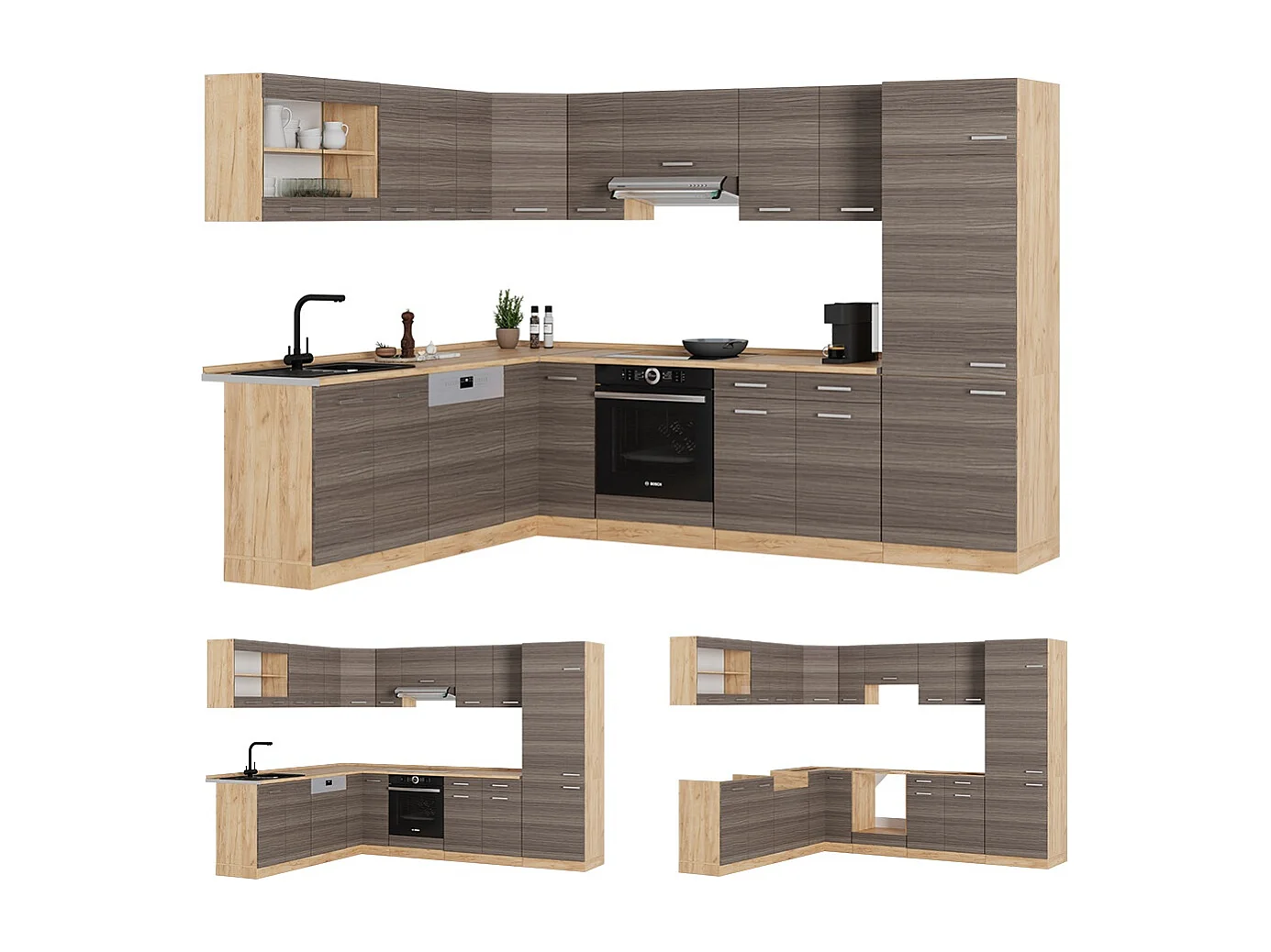 Cuisine en angle gris noble/chêne doré 287x60x81.6 r-line