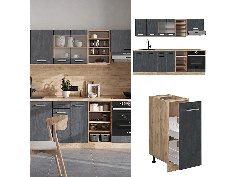 Cucina componibile calcestruzzo nero/quercia dorata 240x46x81.6 r-line