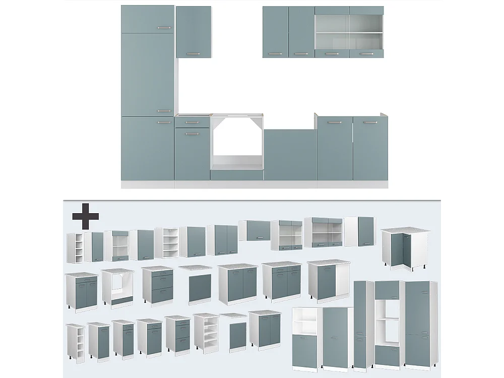 Küchenzeile blau-grau/weiß 300x60x81.6 r-line