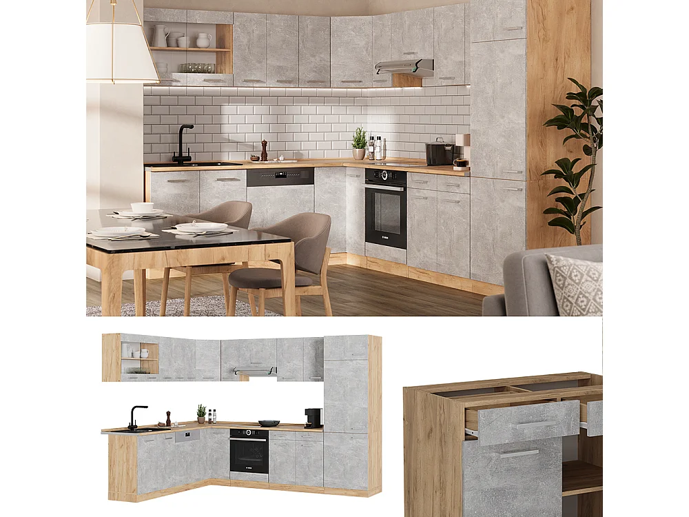 Cuisine en angle béton/force dor chêne 287x60x81.6 r-line