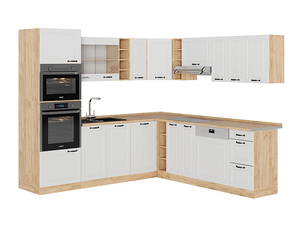 Cuisine en angle blanc campagnard/chêne doré 247x46x81.6 r-line