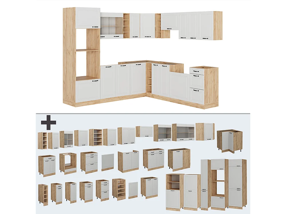 Cuisine en angle blanc campagnard/chêne doré 247x46x81.6 r-line