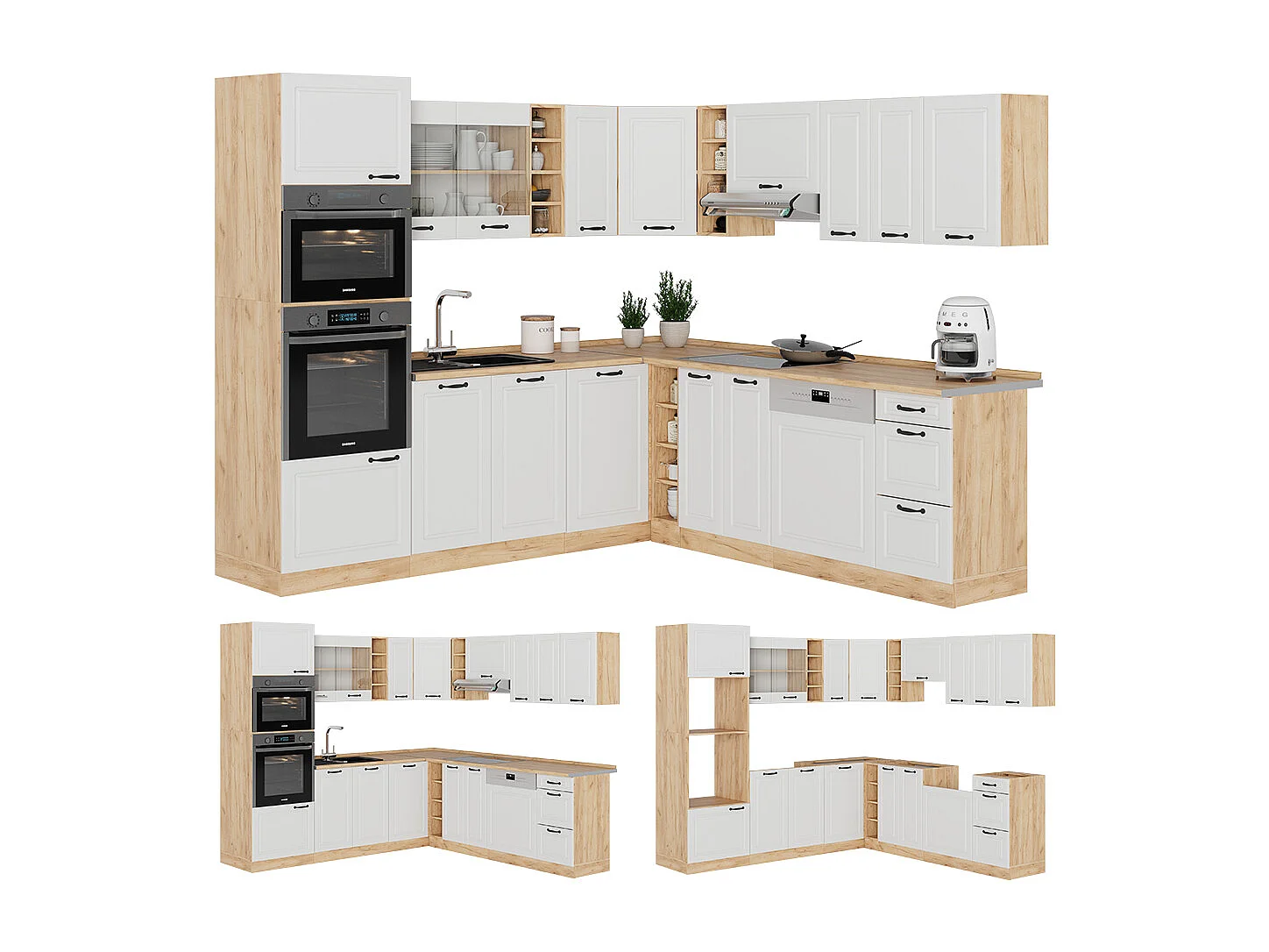 Cuisine en angle blanc campagnard/chêne doré 247x46x81.6 r-line