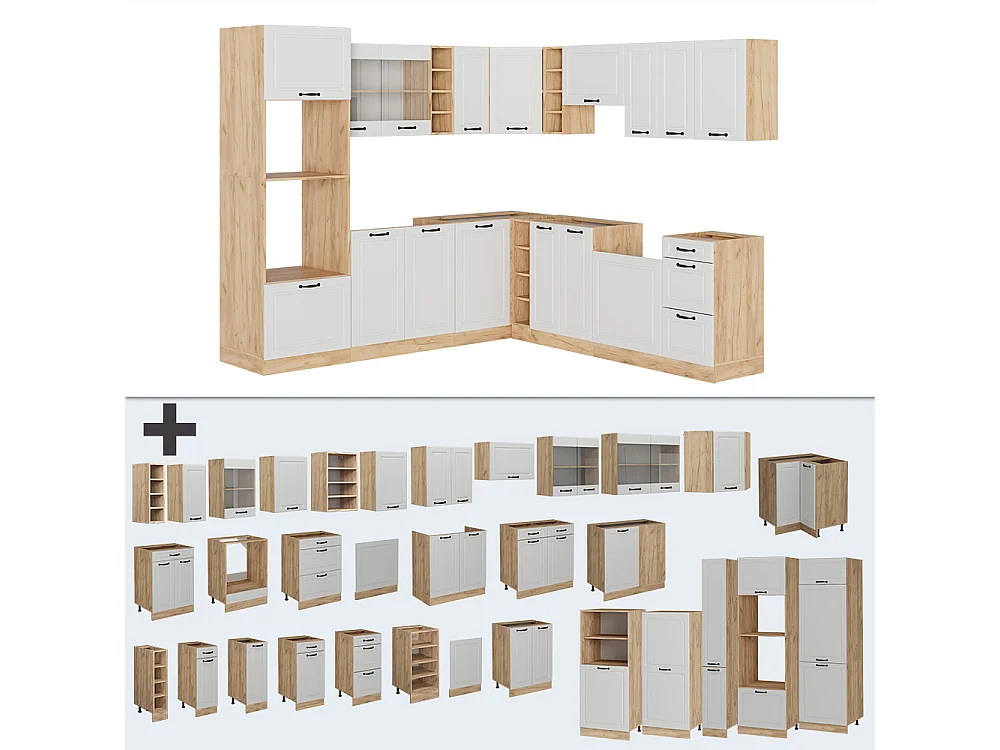 Cuisine en angle blanc campagnard/chêne doré 247x46x81.6 r-line