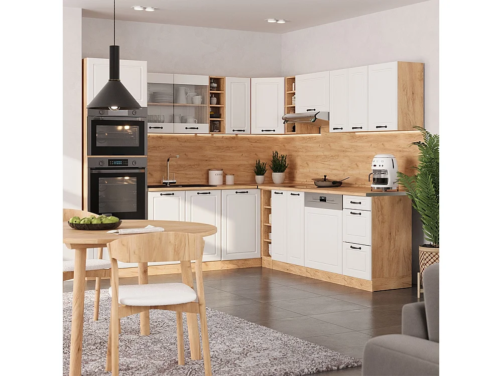 Hjørnekøkken hvid landhus/gylden eg 247x46x81.6 r-line