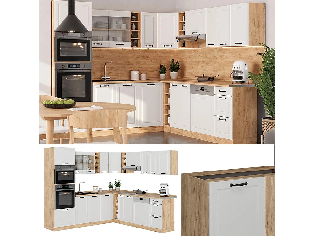 Cuisine en angle blanc campagne/chêne de force doré 247x46x81.6 r-line