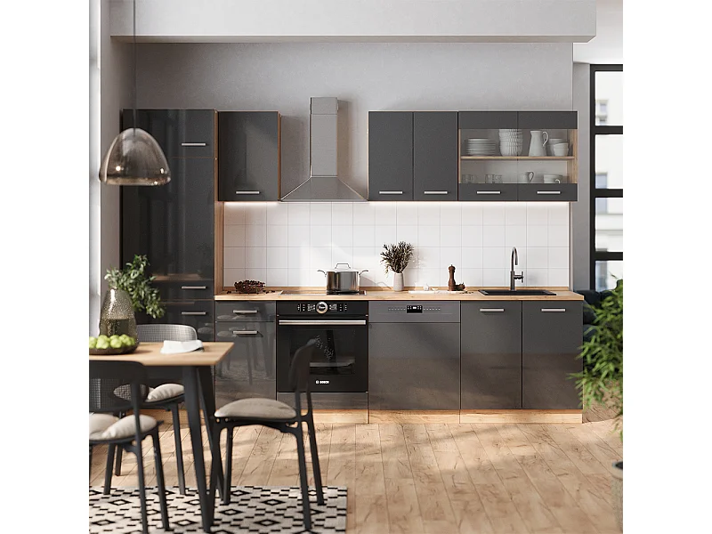Complete keukeneenheid antraciet hoogglans/goud eiken 300x60x81.6 r-line