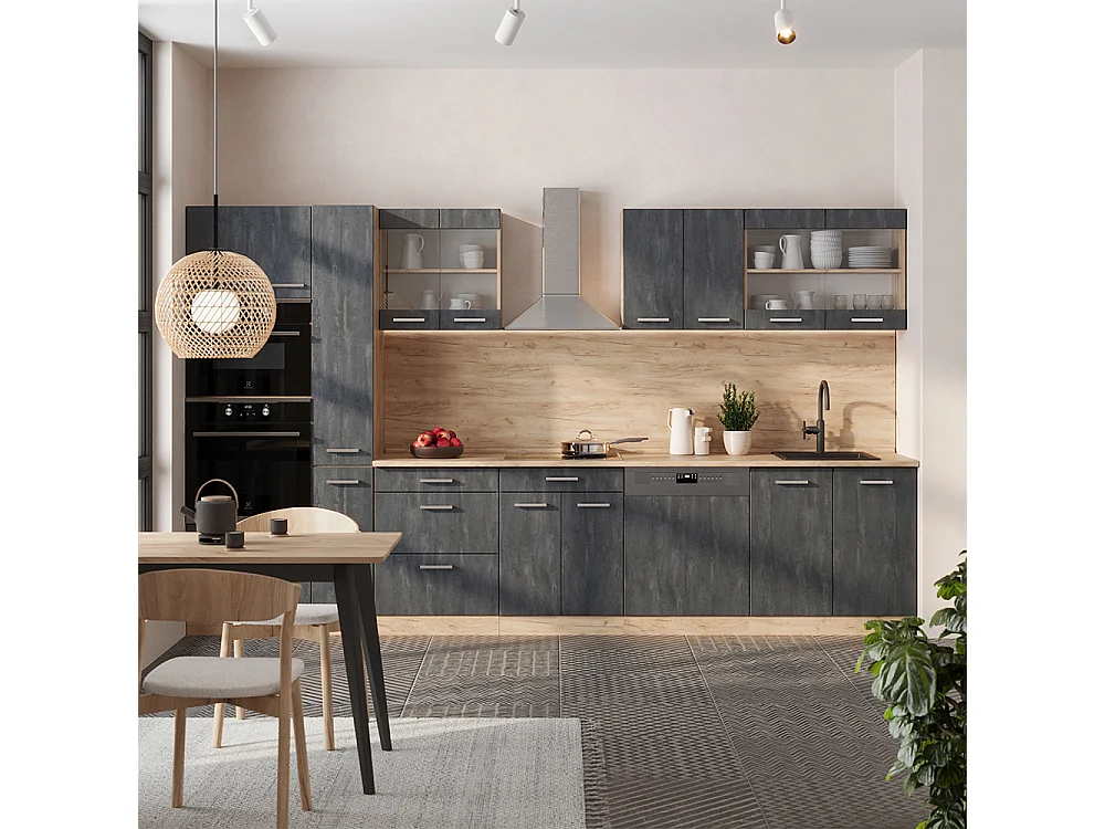 Cocina completa  hormigón negro/roble dorado 350x60x81.6 r-line