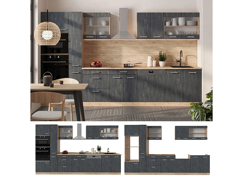 Cucina completa  calcestruzzo nero/quercia dorata 350x60x81.6 r-line