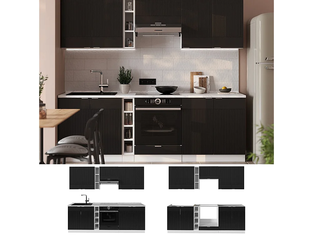 Mueble de cocina negro a rayas/blanco 235x46x81.6 fame-line