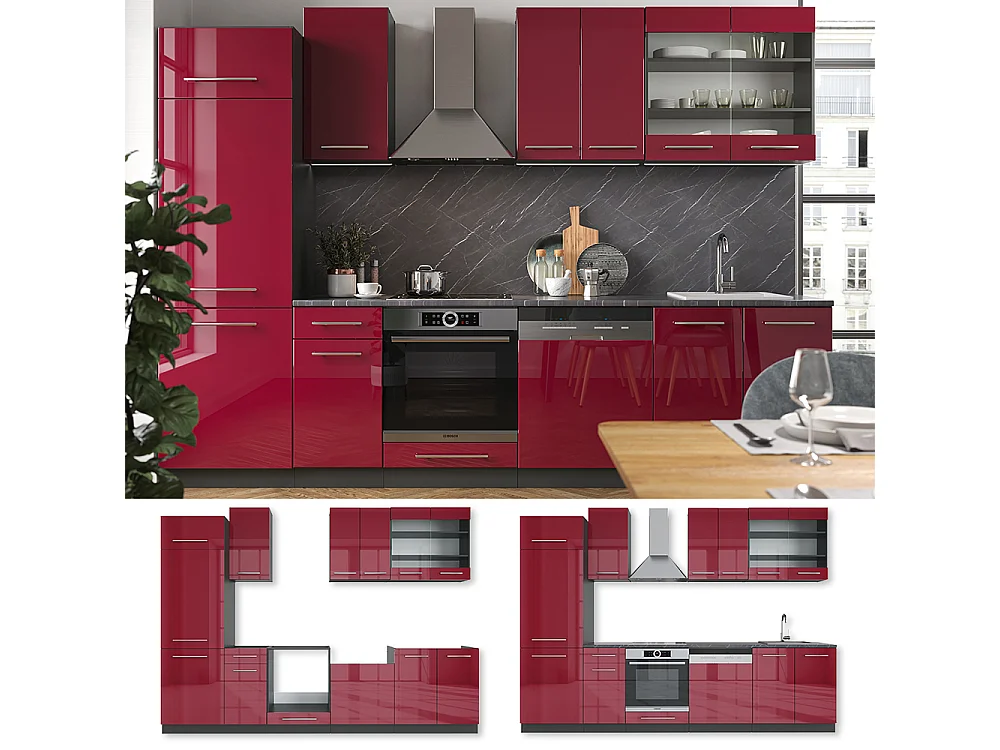 Mueble de cocina burdeos brillo intenso/antracita 300x60x81.6 fame-line