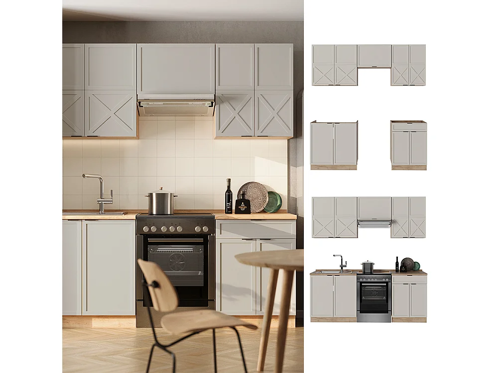 Complete keukeneenheid grijs/beige/gouden eik 200x60x81.6 fame-line