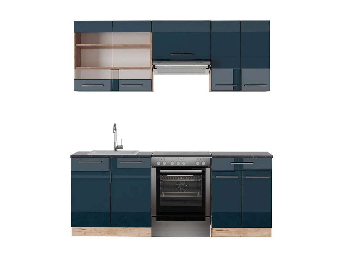 Armoires de cuisine bleu foncé brillant/chêne doré 200x60x81.6 fame-line