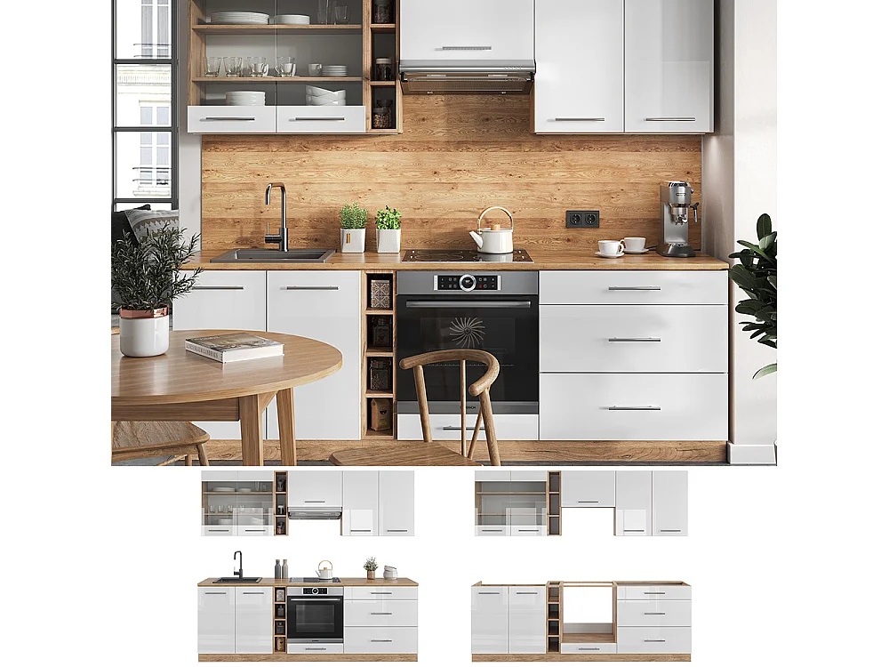 Küchenzeile weiß hochglanz/goldkraft eiche 235x46x81.6 fame-line