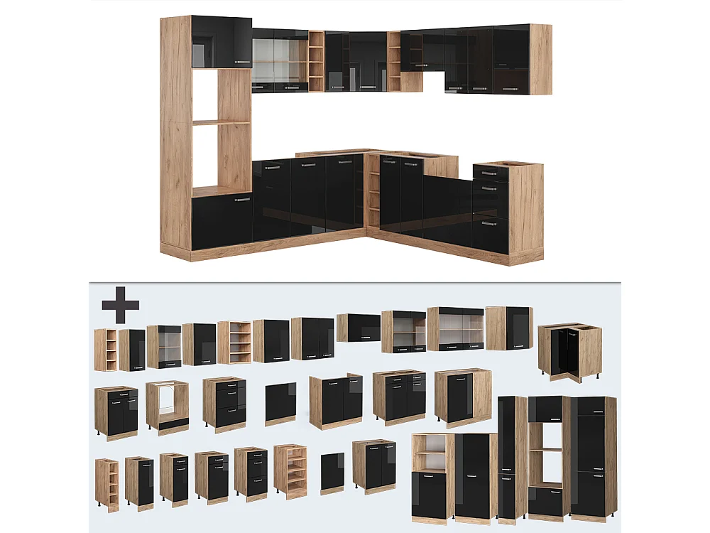 Cucina angolare completa rovere nero/oro lucido 247x46x81.6 r-line
