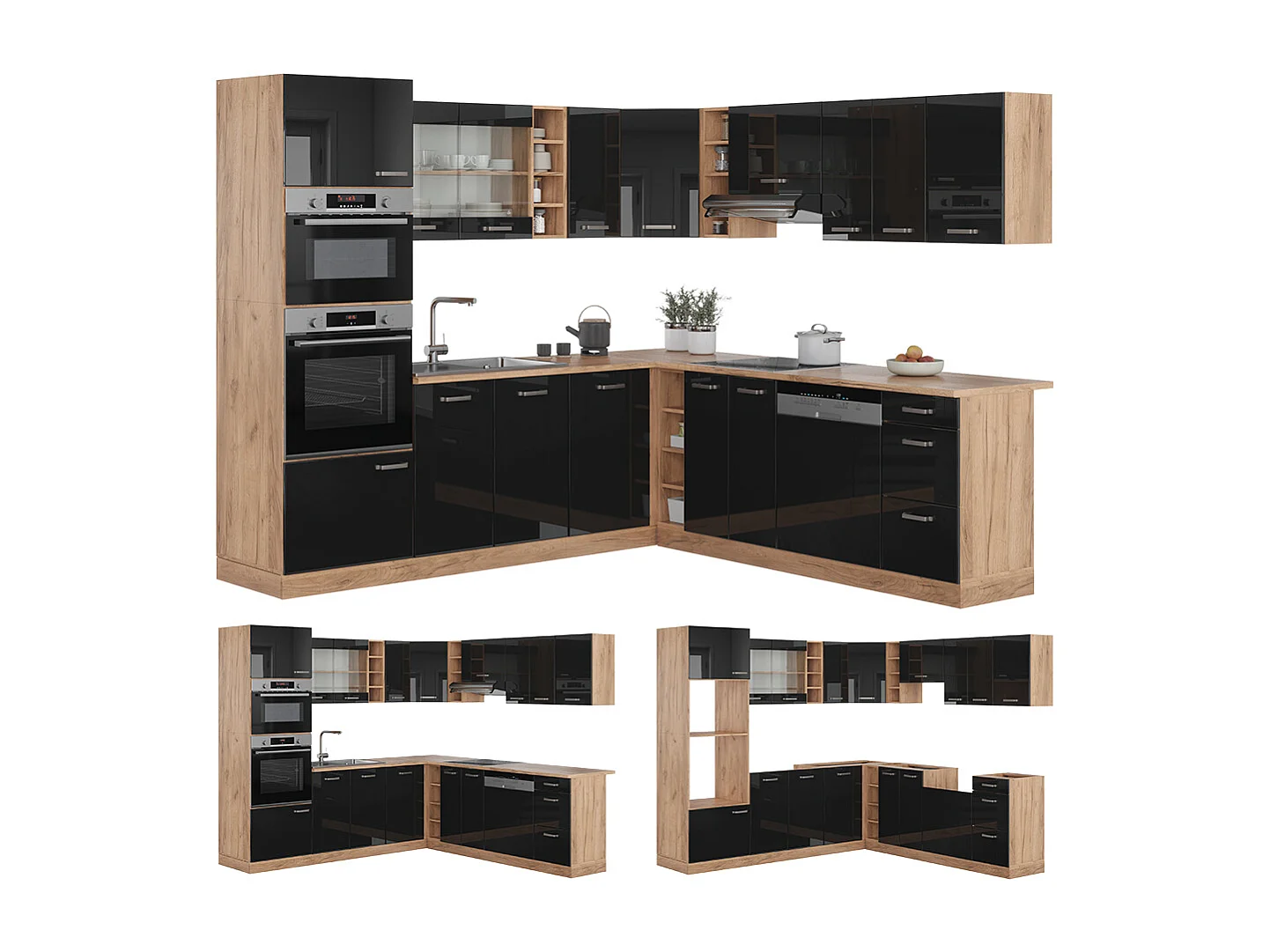 Cuisine en angle noir brillant/chêne doré 247x46x81.6 r-line