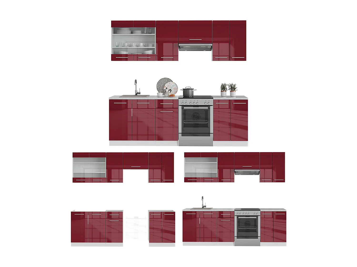 Mueble de cocina burdeos brillo intenso/blanco 240x46x81.6 fame-line