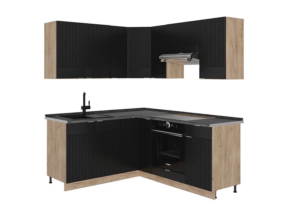 Cocina esquinera rayas negras/roble dorado 190x60x81.6 fame-line