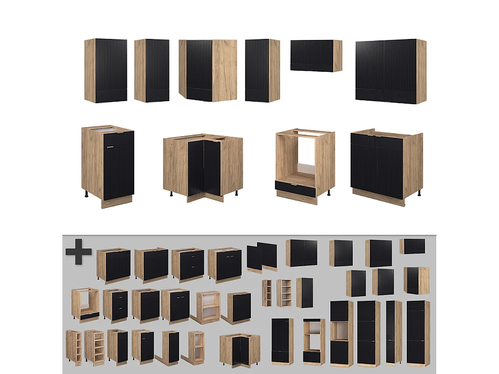 Cocina esquinera rayas negras/roble dorado 190x60x81.6 fame-line