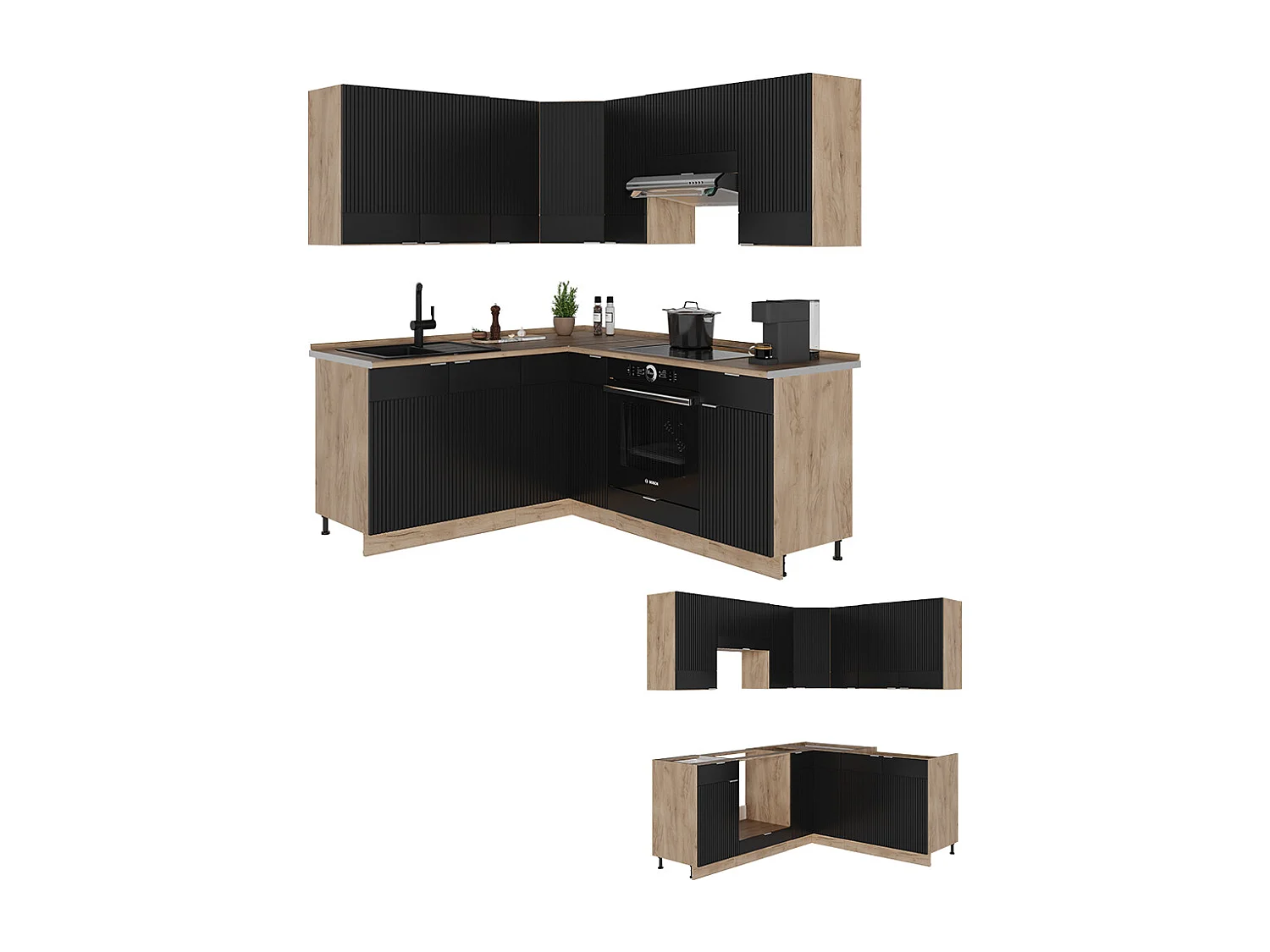 Cocina esquinera rayas negras/roble dorado 190x60x81.6 fame-line