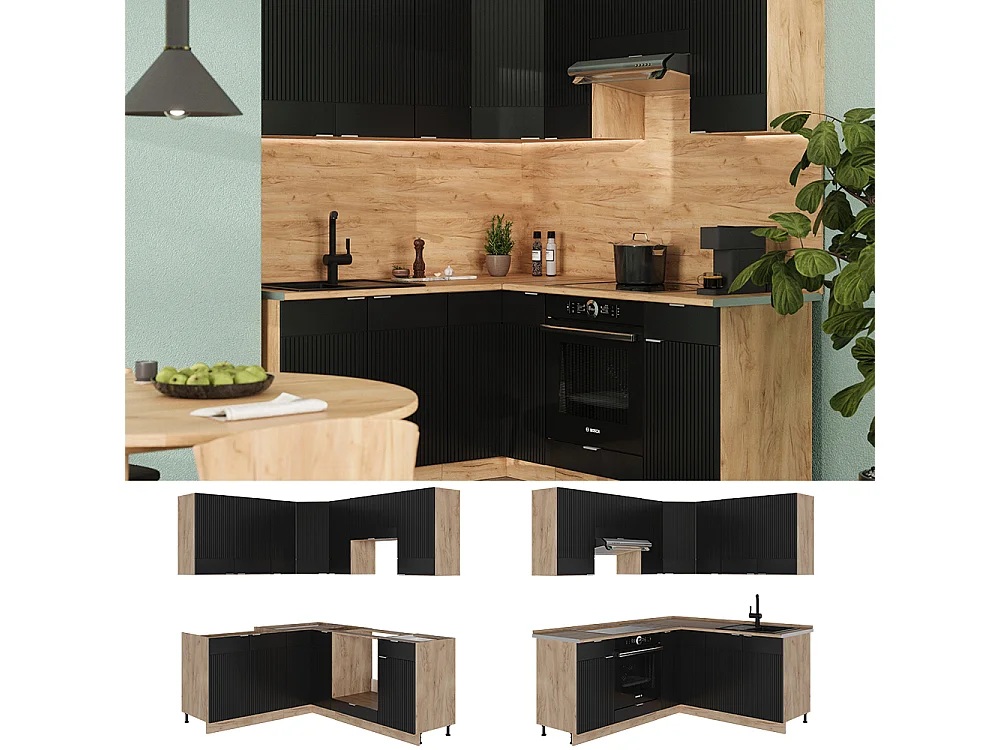 Cocina esquinera rayas negras/roble dorado 190x60x81.6 fame-line