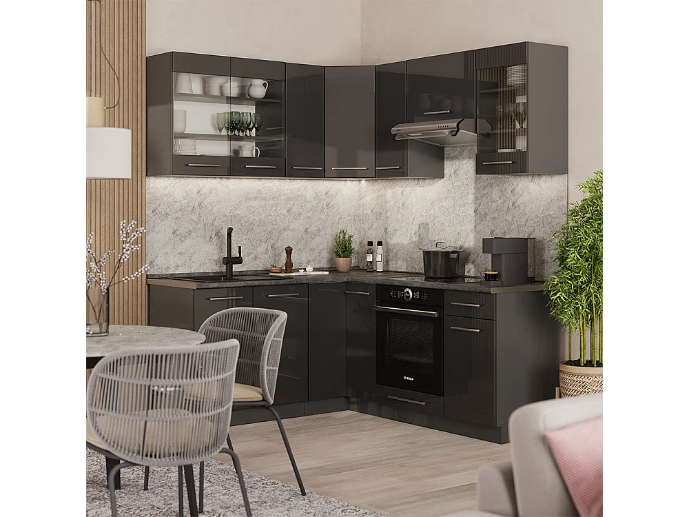 Cuisine en angle anthracite haute brillance 190x46x81.6 fame-line