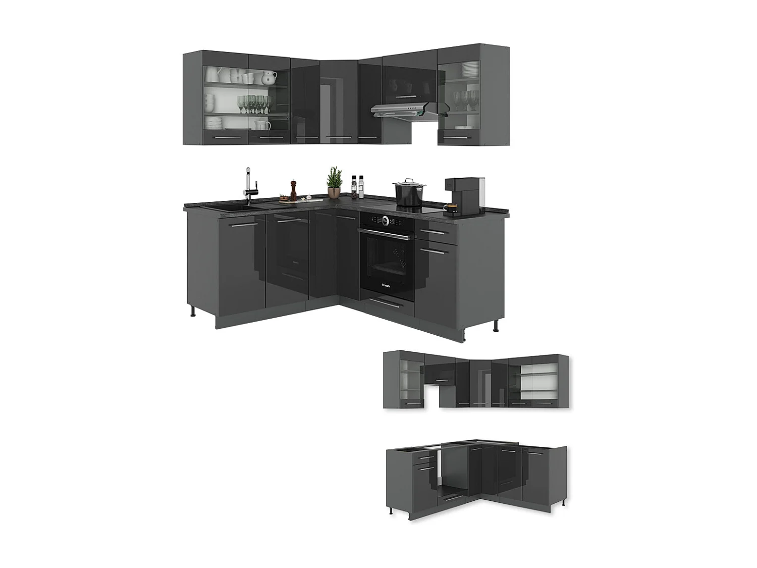 Cuisine en angle anthracite haute brillance 190x46x81.6 fame-line