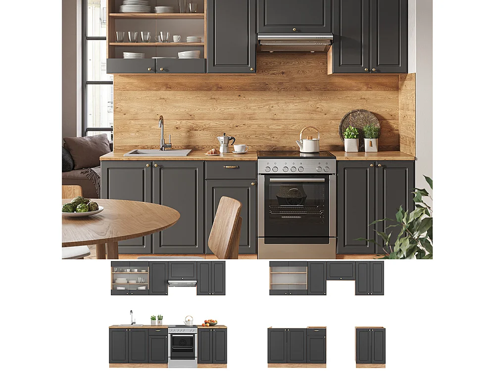 Cuisine anthracite campagne/chêne doré 240x60x81.6 fame-line