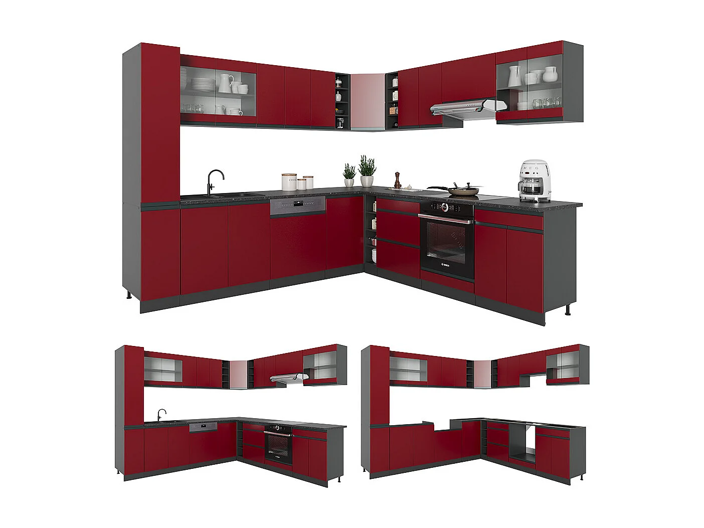 Hjørnekøkken rød 257x46x81.6 r-line