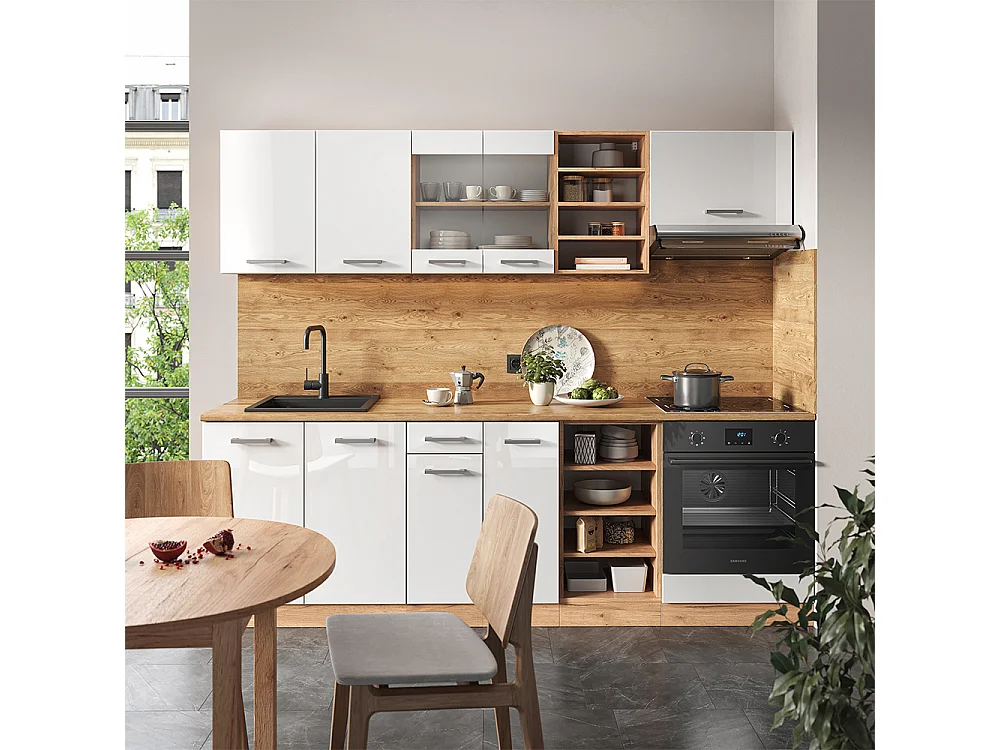 Cuisine blanc brillant/chêne doré 240x60x81.6 r-line