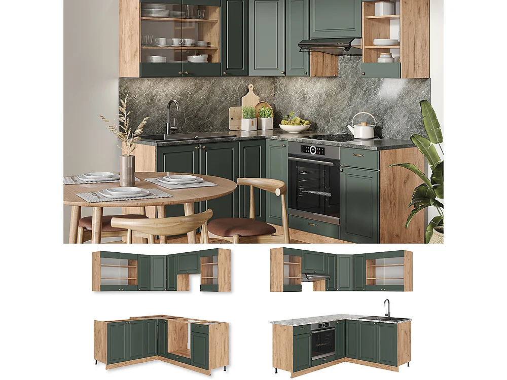 Cuisine en angle chêne vert et or/chêne doré 190x60x81.6 fame-line