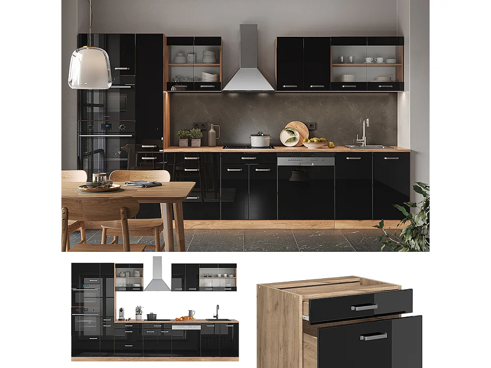 Cuisine noir brillant/chêne doré 350x60x81.6 r-line