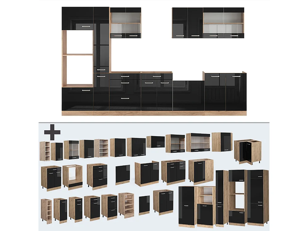 Cuisine noir brillant/chêne doré 350x60x81.6 r-line